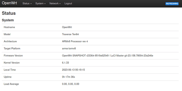 Screenshot above: LuCI status page on Ten64 running from an Openwrt