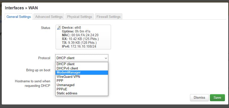 OpenWrt WAN interface dialog - switch protocol drop down